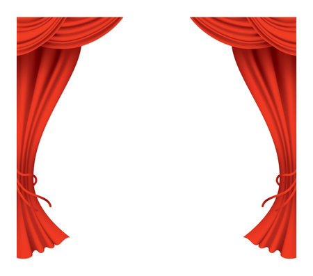 Red curtains realistic. Theater fabric silk decoration for movie cinema or opera hall. Curtains and draperies interior decoration object. Isolated on transparent for theater stageのイラスト素材