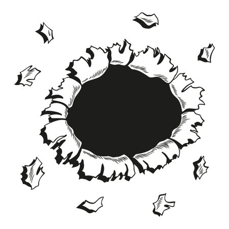 Comic book hole in coloring style. Vector paper is torn through boom explosion. Circle hole in the middle on color background. Comic style cover template or flyer wallpapersのイラスト素材