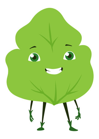 Green leaves character. Cute happy funny smiling leaf character. Vector illustration isolated on white backgroundのイラスト素材