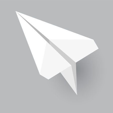 Paper plane model. Origami handmade aircraft view. Vector white paper airplane with shadow, isolated on gray backgroundのイラスト素材