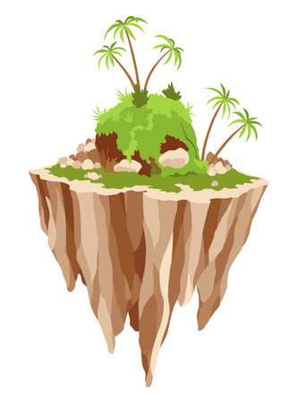 Game flying island with tropical palm. Flying platform of exotic nature game island. Colorful flat vector elements for fantasy computer or mobile gameのイラスト素材