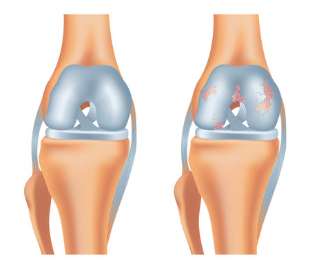 Knee arthrosis. Healthy knee and sore knee with damaged structure. Bone exposure damaged and healthy knee structure comparison. Medical poster with foot bones. Isolated vector illustrationのイラスト素材