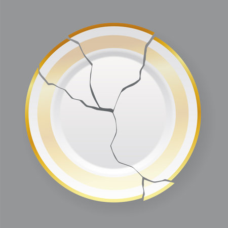 Broken white plate. Shattered food plate, cracked porcelain dish. Dishware with damage. Icon isolated on white background. Vector illustrationのイラスト素材