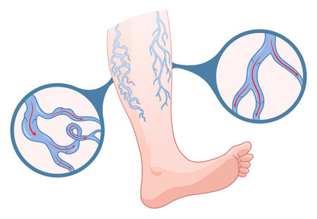 Varicose veins. Blue blood vessel visible through the skin, abnormally swollen leg. Vascular disease diagnostic and treatment. Venous insufficiency medical diseaseのイラスト素材