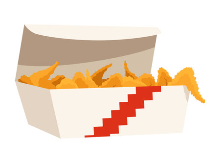 Fried chicken. Crispy fried chicken drumsticks in box isolated on white background. Beautiful delicious in cartoon style. Fresh fast food fry meatのイラスト素材