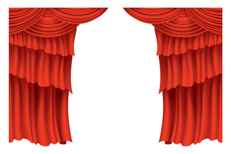 Red curtains realistic. Theater fabric silk decoration for movie cinema or opera hall. Curtains and draperies interior decoration object. Isolated on transparent for theater stageのイラスト素材
