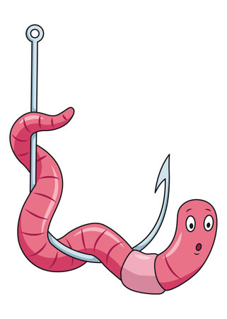 Cute worm character on hook. Fishing leisure icon. Funny symbol on fishing hook in cartoon style. Vector illustrationのイラスト素材