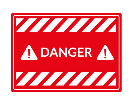 Danger warning board icon. Caution and dangerous area. Red sign for safety, hazard shock. Keep out caution warning and risk zone. Vector cartoon illustrationのイラスト素材