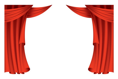 Red curtains realistic. Theater fabric silk decoration for movie cinema or opera hall. Curtains and draperies interior decoration object. Isolated on transparent for theater stageのイラスト素材