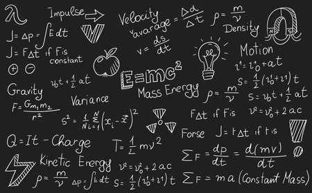 Physics formulas, science and education background. Chalkboard inscribed with scientific formulas and calculations in physics and mathematics. Retro vector illustrationのイラスト素材