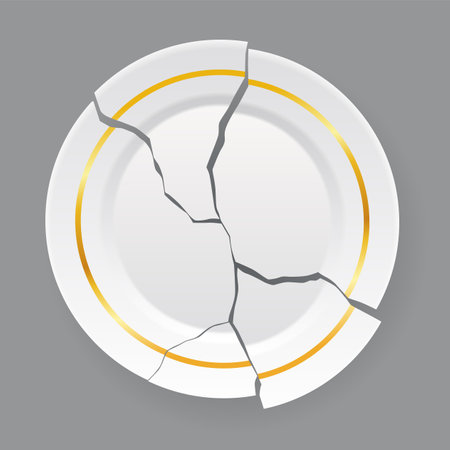 Broken white plate. Shattered food plate, cracked porcelain dish. Dishware with damage. Icon isolated on white background. Vector illustrationのイラスト素材
