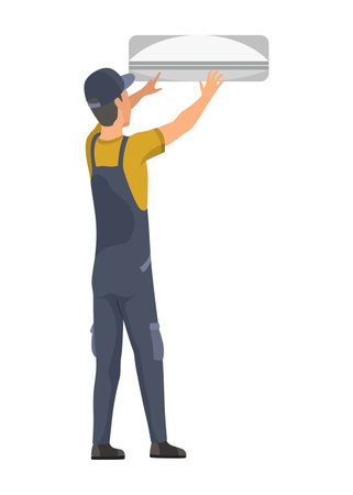 Air conditioner service technician working, flat vector illustration isolated on white background. Cooling system repair, cleaning, maintenance and installation.のイラスト素材