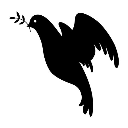 Dove silhouette icon. Black shape of pigeon. Vector flying dove with olive branch on white backgroundのイラスト素材