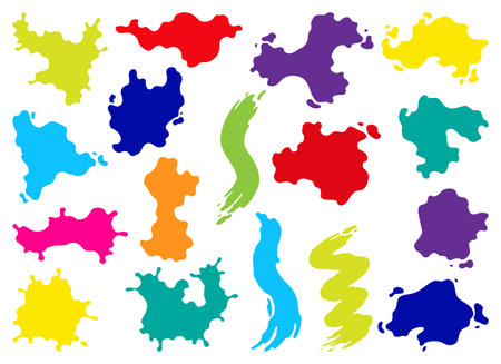 Paint blots. Splashes set for design use. Colorful grunge shapes collection. Dirty stains and silhouettes. Color ink splashesのイラスト素材