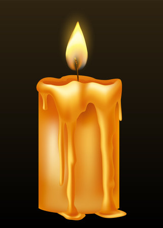 Burning candle with dripping or flowing wax. Yellow candle with golden flame. Lit and melted wax. Illustration of beautiful glowing candle on dark backgroundのイラスト素材