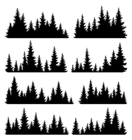 Set of fir trees silhouettes. Coniferous spruce horizontal background patterns, black evergreen woods vector illustration. Beautiful hand drawn panoramas of coniferous forestのイラスト素材