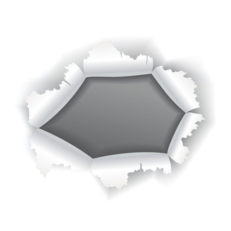 Paper hole of gray torn paper. Torn sides over dark paper background with space for text. Realistic torn paper templateのイラスト素材