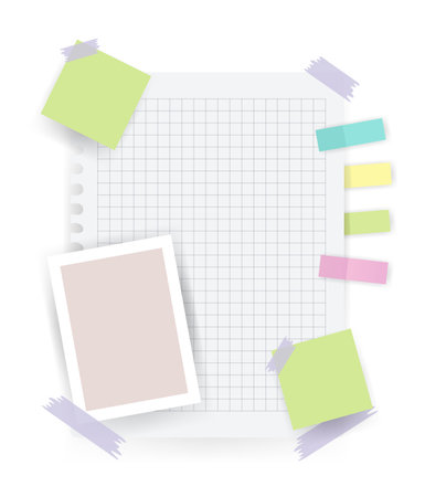 Paper notes stickers. Place for memo messages on paper sheets. Attached with sticky colorful tape on grey background isolated vector illustrationのイラスト素材