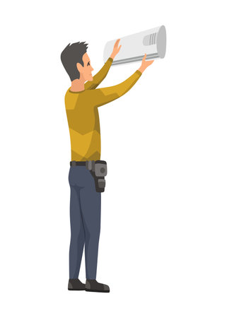Air conditioner service technician working, flat vector illustration isolated on white background. Cooling system repair, cleaning, maintenance and installation.のイラスト素材