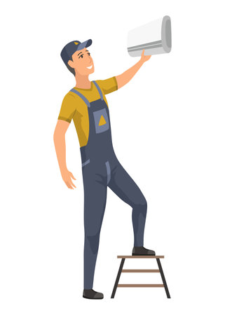 Air conditioner service technician working, flat vector illustration isolated on white background. Cooling system repair, cleaning, maintenance and installation.のイラスト素材
