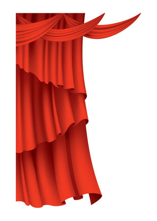 Red curtains realistic. Theater fabric silk decoration for movie cinema or opera hall. Curtains and draperies interior decoration object. Isolated on transparent for theater stageのイラスト素材