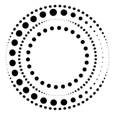 Halftone dotted speed lines circle. Geometric art in circle form. Round swirl movement symbol. Halftone circular dotted frame. Vector design elementsのイラスト素材
