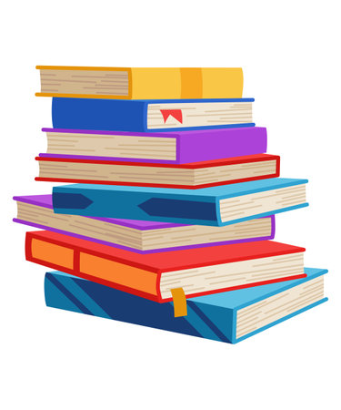 High book stacks or pile. Library textbooks and school literature heaps, dictionaries. Bookstore advertise. Cartoon stacked books angle view with different colorful covers isolated on whiteのイラスト素材