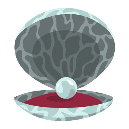 Pearl in seashell. Open seashell scallop and pearl shell icon. Beautiful pearl in clam shell in cartoon flat style. Vector illustration isolated on white backgroundのイラスト素材
