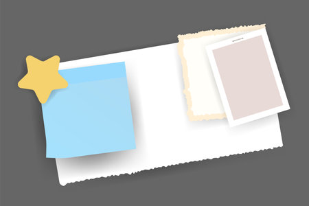 Paper notes stickers. Place for memo messages on paper sheets. Attached with sticky colorful tape on grey background isolated vector illustrationのイラスト素材