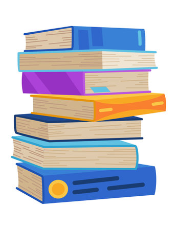 High book stacks or pile. Library textbooks and school literature heaps, dictionaries. Bookstore advertise. Cartoon stacked books angle view with different colorful covers isolated on whiteのイラスト素材