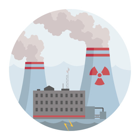 Energy production, nuclear. Industrial power station technology for energy generation. Type of factory building of heavy industry. Flat vector illustration isolated on white backgroundのイラスト素材