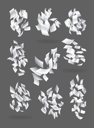 Falling paper sheets collection. Set of flying curved leaves of paper. Vector loose soar of notes with curled edges. Fly scattered notes, empty chaotic paperworkのイラスト素材