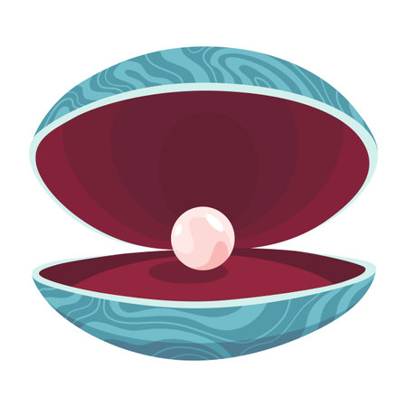 Pearl in seashell. Open seashell scallop and pearl shell icon. Beautiful pearl in clam shell in cartoon flat style. Vector illustration isolated on white backgroundのイラスト素材