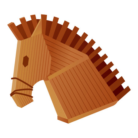 Trojan wooden horse. Children toy concept. Horse wooden figure. Wooden statue of ancient troy, history greece war, monument trojans old horseのイラスト素材