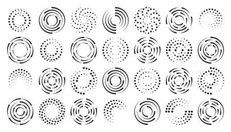 Halftone dotted speed lines circle set. Geometric art in circle forms. Round swirl movement symbols. Halftone circular dotted frames. Vector design elementsのイラスト素材