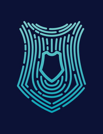 Secure shield fingerprint. Scan fingerprint, security or identification system based on thumb lines. Biometric data design. Futuristic technology. Vector illustrationのイラスト素材