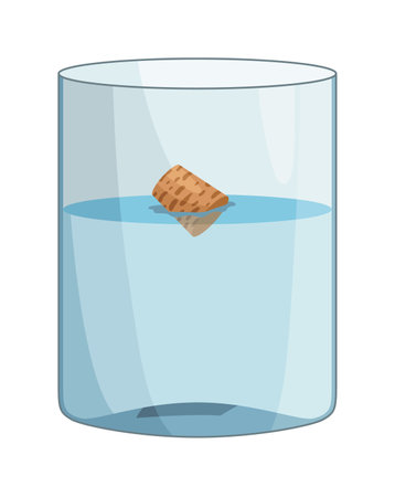 Archimedes principle. Experiment with water glasses, cork. Buoyant acting on the object that floats is equal to weight of the fluid that is displacedのイラスト素材