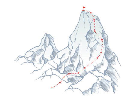 Mountain climbing route to top rock with red flag on peak. Business journey path in progress, way to success or concept of goal. Vector illustrationのイラスト素材