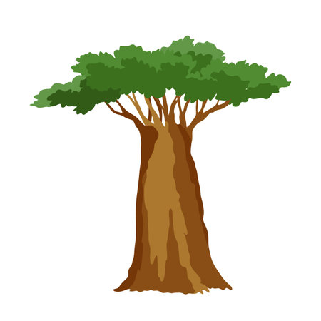 Kind of tree icon, baobab. Deciduous plant. Green crowns and lush foliage with natural brown trunks and branches. Vector cartoon illustrationのイラスト素材