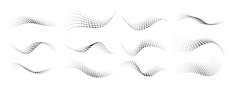 Dotted halftone waves set. Flowing wavy lines patterns. Abstract liquid shapes, wave effect dotted gradient textures. Curve textures with halftone circular point isolated on white backgroundのイラスト素材