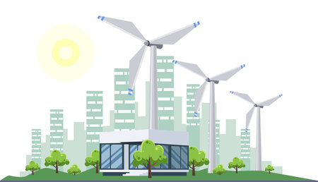 Clean electric energy concept. Renewable electricity resource from solar panels and wind turbines. Ecological change of the future. City skyline and nature landscape on backgroundのイラスト素材