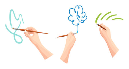 Hands holding paintbrush, set. Brush painting on white. Art drawing hand of an artist in cartoon style. Vector flat illustration isolated on white backgroundのイラスト素材