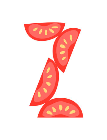 Veggie alphabet, English letter A made from fresh vegetables. Tomato. Decoration concept for books, menus or shops. Vegetable lettering design on white backgroundのイラスト素材