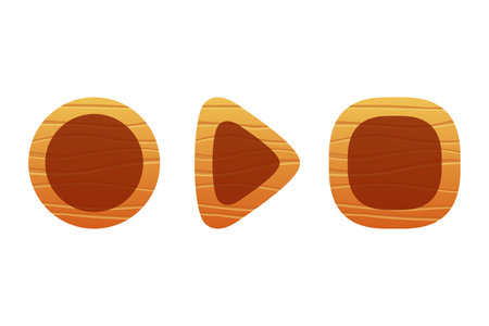 Wooden game button, menu interface made of wood textured boards with ropes and vines. ui or gui graphic design element. Isolated bar and key for app user panel, Cartoon 2d vector iconのイラスト素材