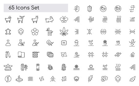 Fabric material line icon set. Linen, leather, cotton, bamboo, cashmere, mohair minimal vector illustration. Simple outline sign for clothing textile feature. Pixel Perfect, Editable Strokeのイラスト素材