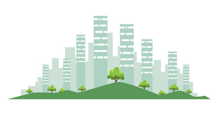 A shadowy silhouette of a city skyline with trees in frontのイラスト素材