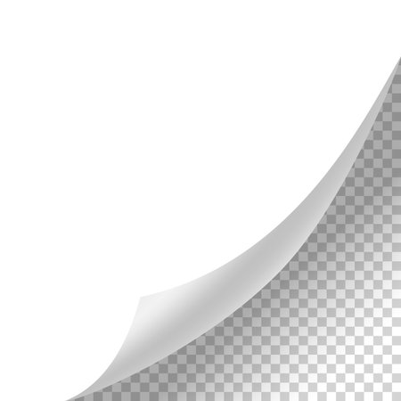 Curled paper corner. Curve page corner, page edge curl and bent paper sheet with realistic shadow. Paper corner fold isolated on white backgroundのイラスト素材