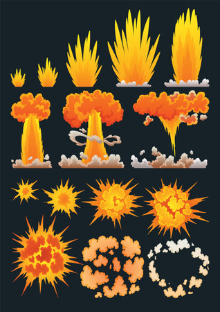 Explosion animation. Animation for game of the explosion effect. Cartoon animation for game. Exploding effect frames. Hand drawn vector illustrationのイラスト素材