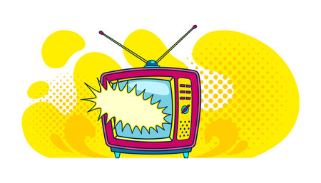 Comic retro tv on halftone and dots backdrop. Vector colorful background in pop art retro comic style. Cartoon vintage 70s, 80s televisionのイラスト素材