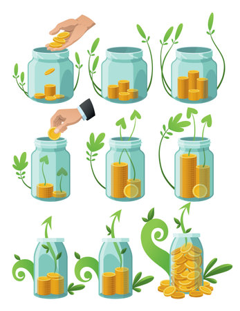 Investing bottle money, icon set. Money growing concept, finance savings tree, finances investment. Money growing plant step with deposit coin in bank conceptのイラスト素材